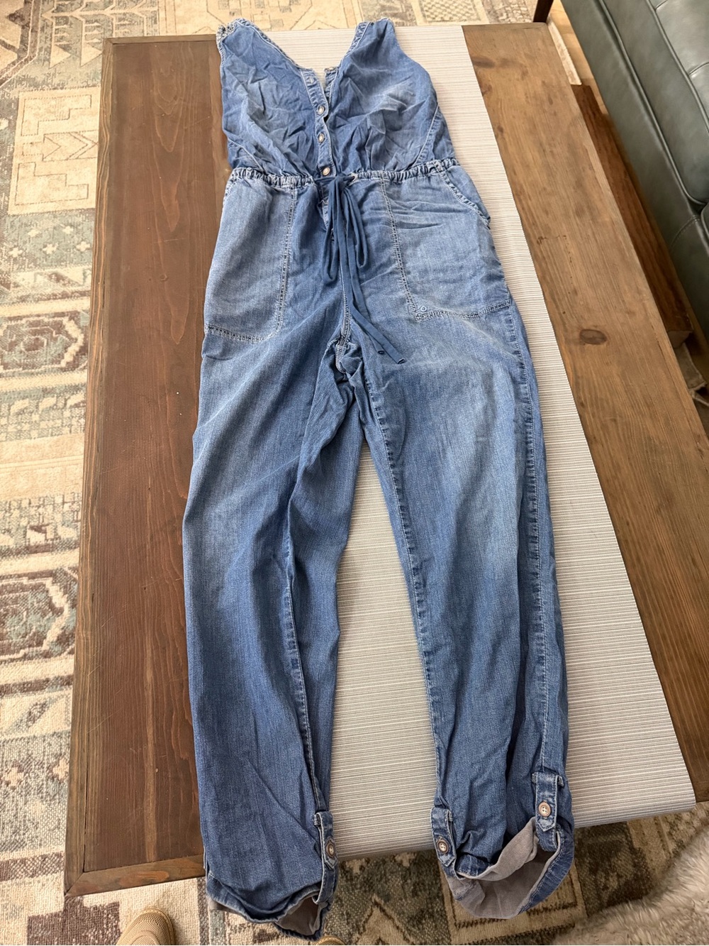 Denim Button-Front Jumpsuit with Drawstring Waist